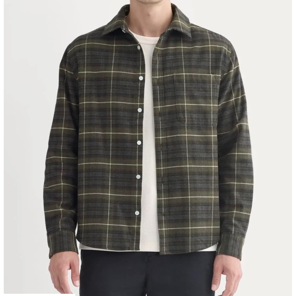 NWT Everlane Mens Brushed Flannel Shirt Medium Plaid Organic Cotton Olive Green